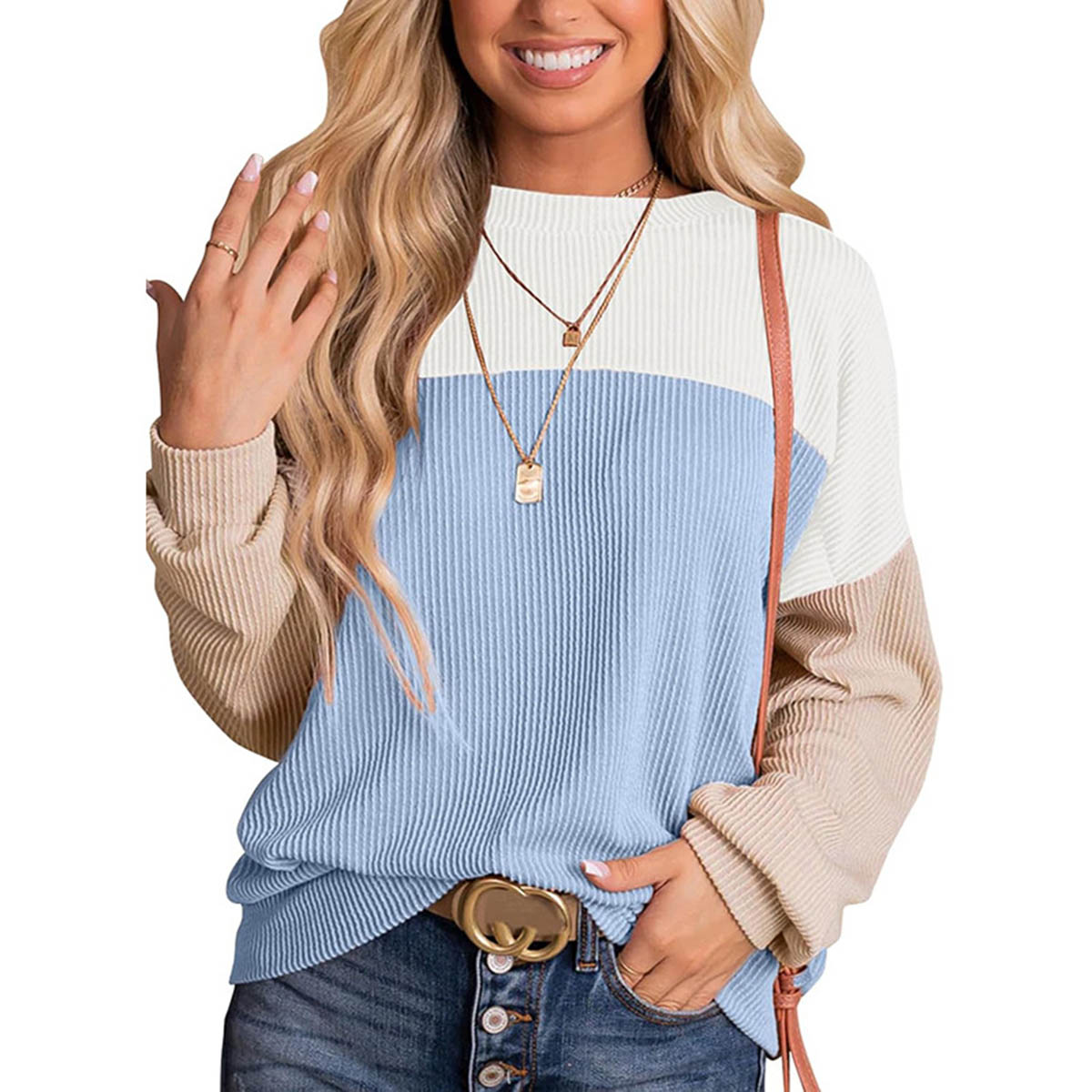 Color Block Long Sleeve Crewneck Knitted Casual Pullover Tops