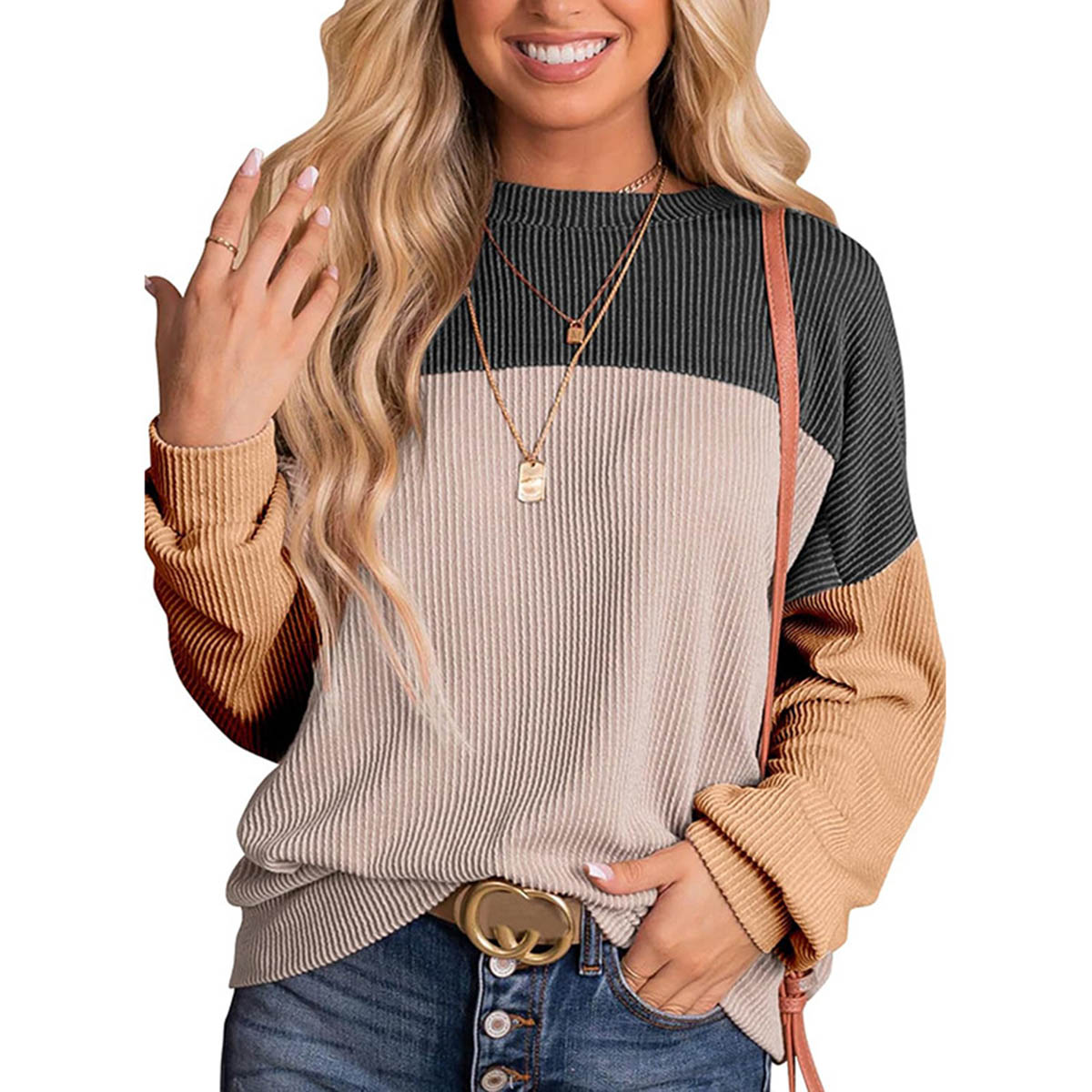 Color Block Long Sleeve Crewneck Knitted Casual Pullover Tops