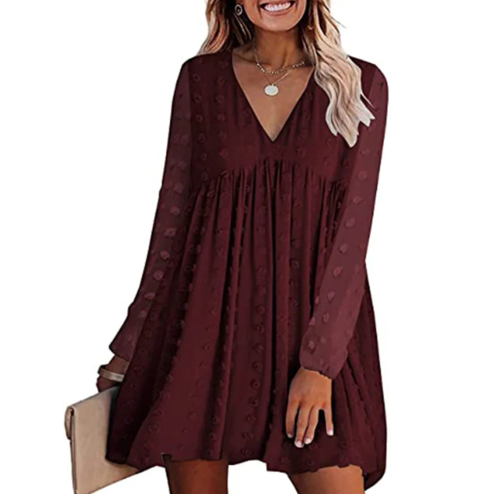 V Neck Long Sleeve Flowy Dress