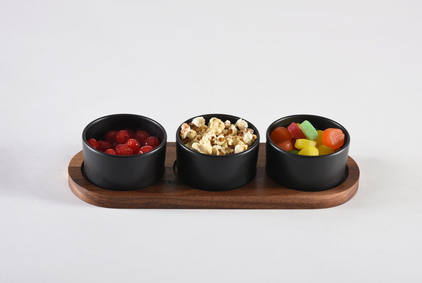 Black Ceramic Condiment Set on Acacia Wood Base