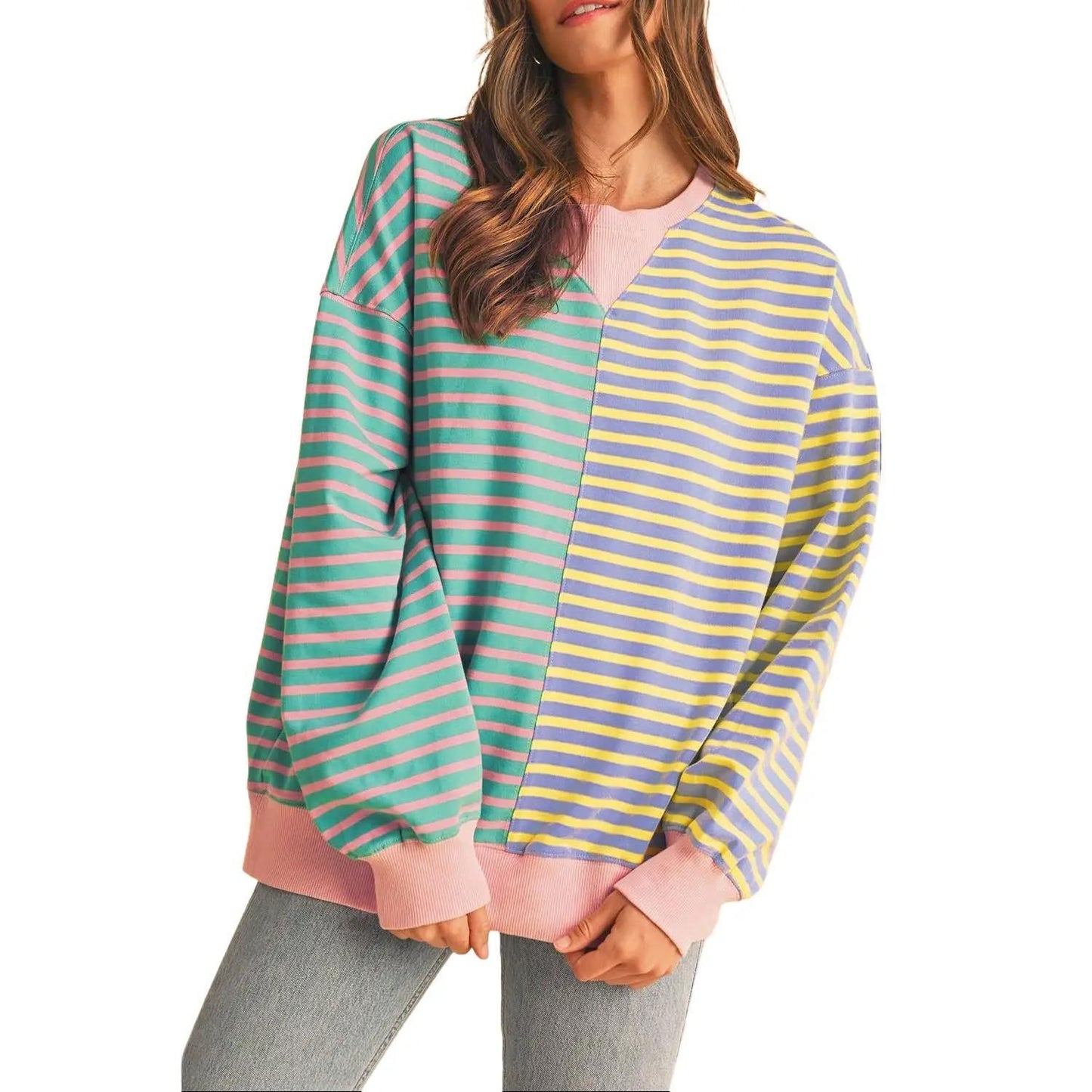 Stripe Color Block Drop Shoulder Pullover Sweatshirt