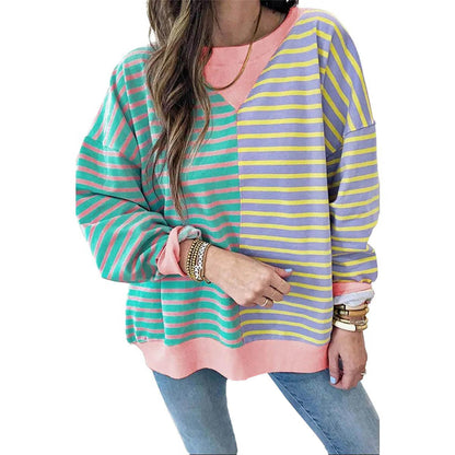 Stripe Color Block Drop Shoulder Pullover Sweatshirt