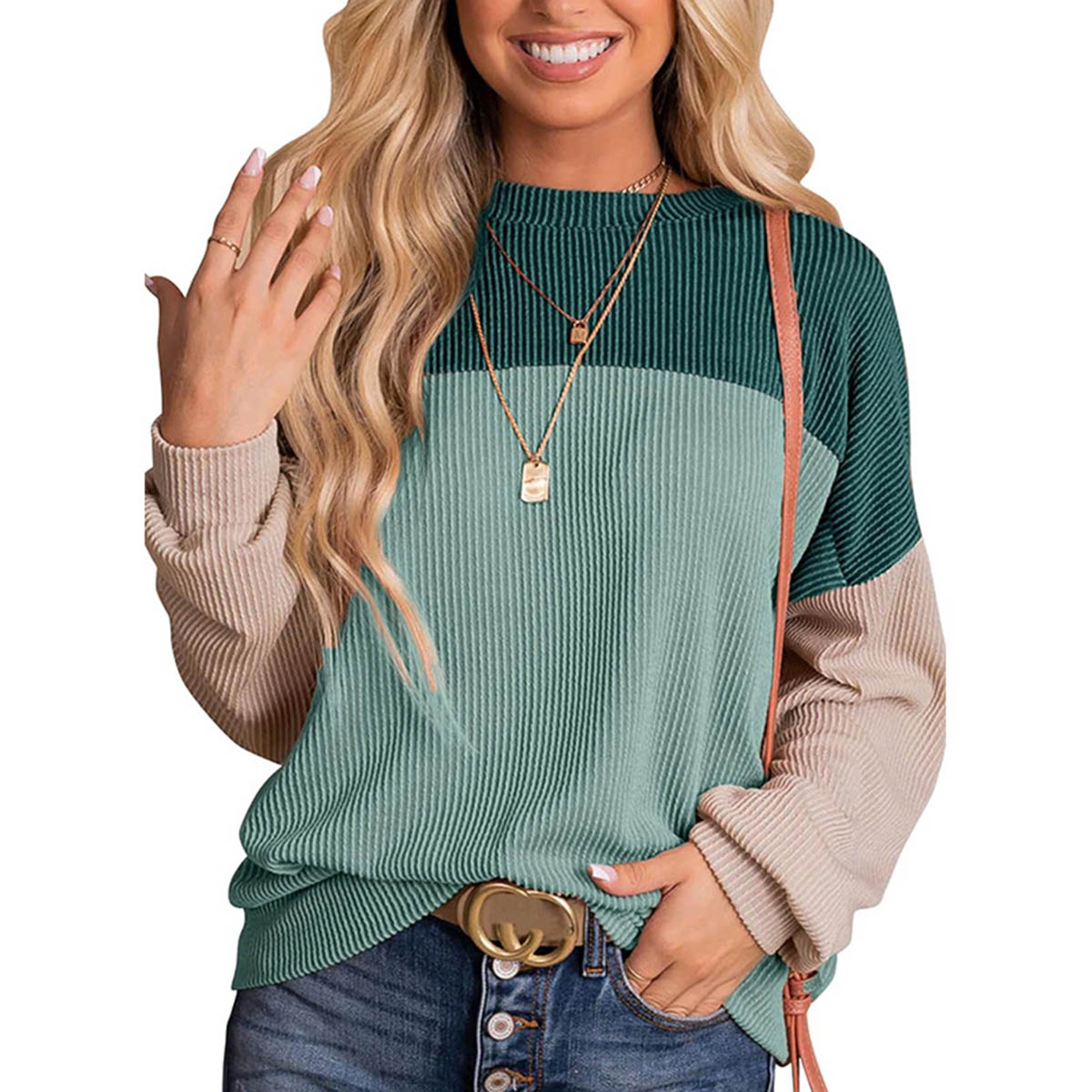 Color Block Long Sleeve Crewneck Knitted Casual Pullover Tops