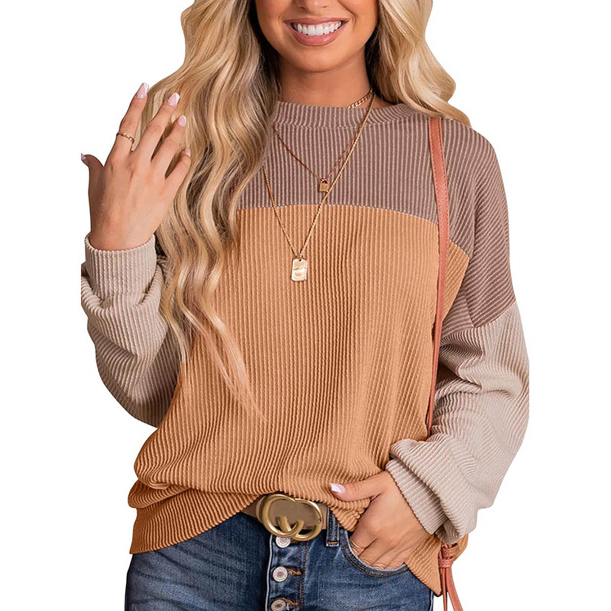 Color Block Long Sleeve Crewneck Knitted Casual Pullover Tops