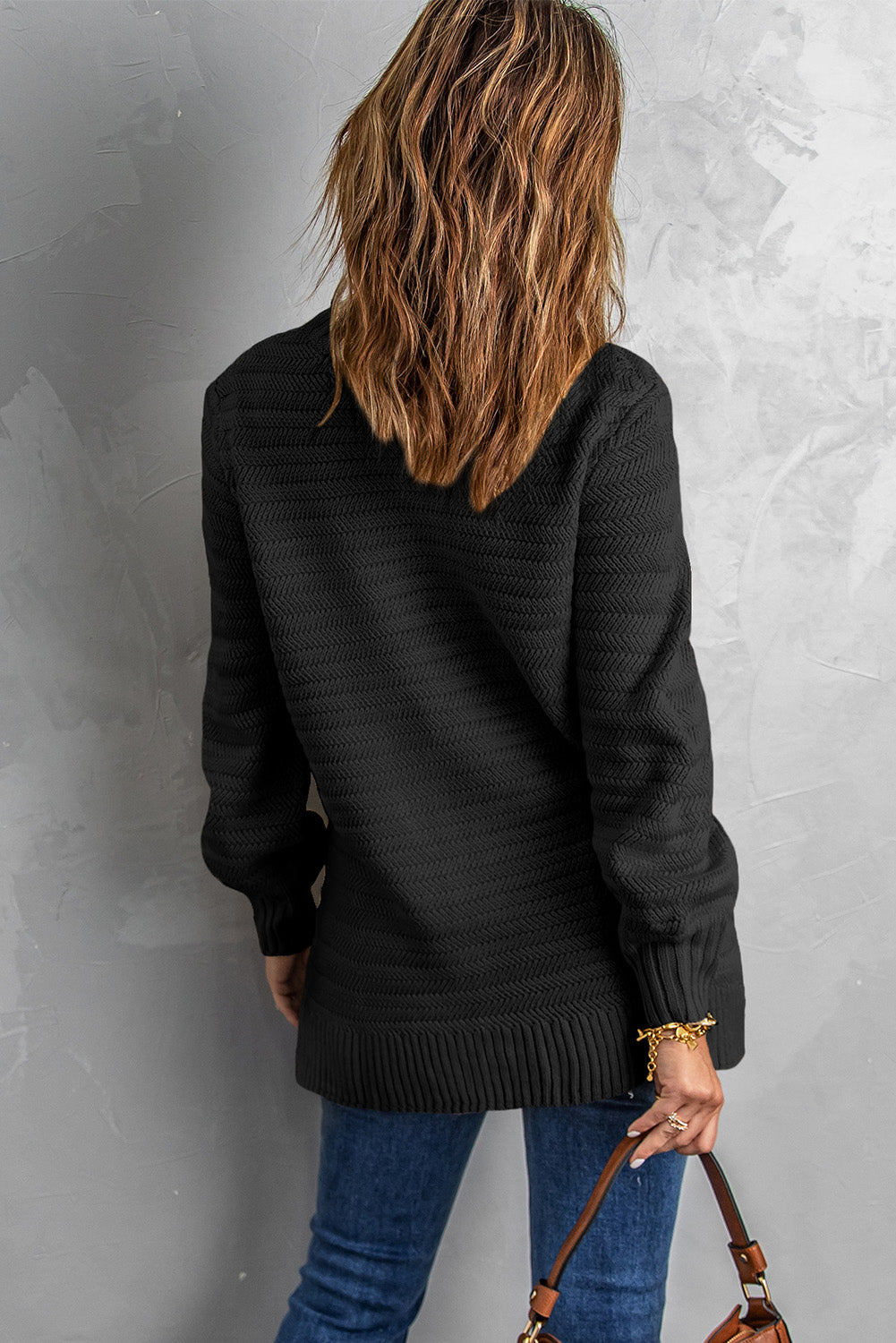 Black Textured Stand Collar Sweater