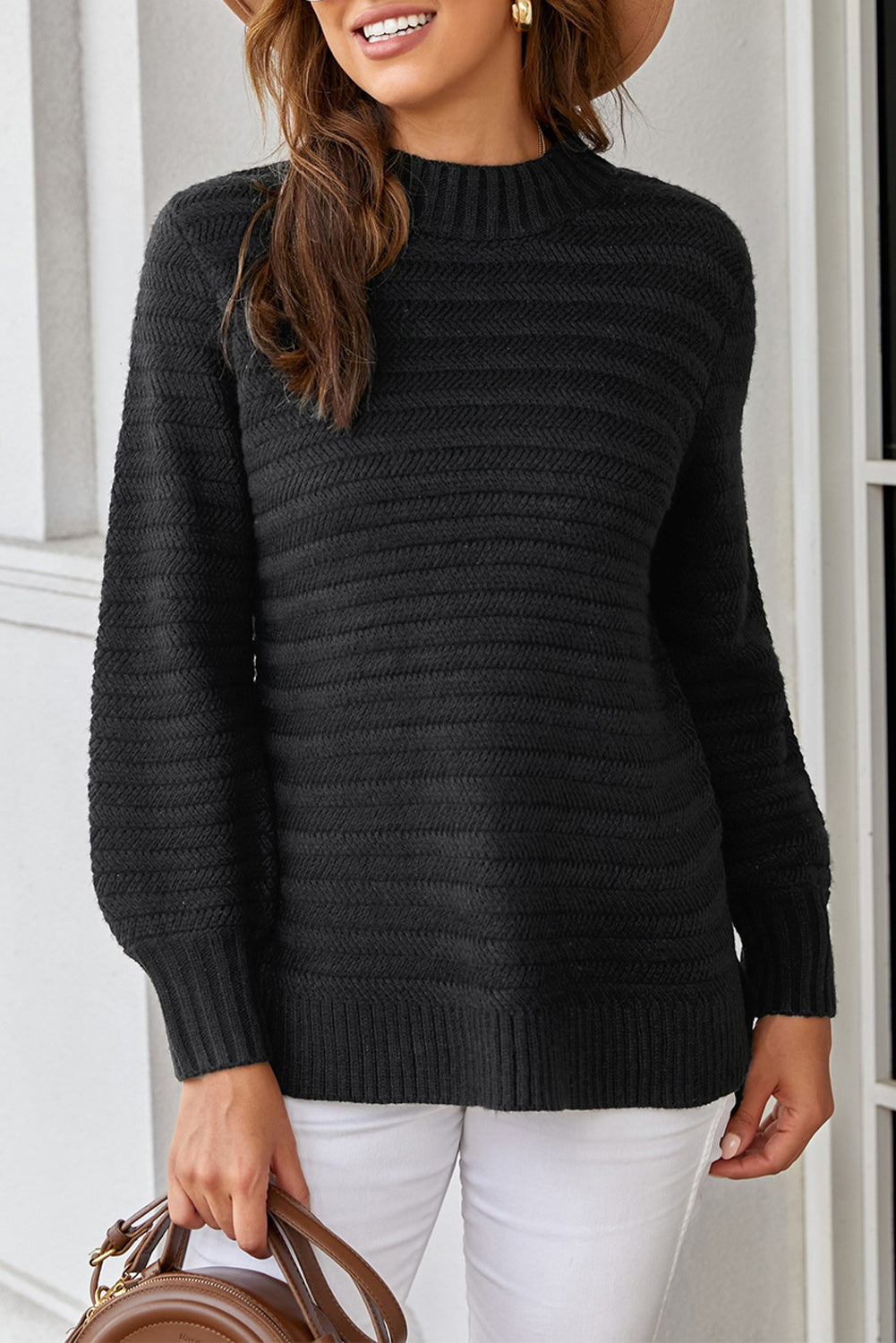 Black Textured Stand Collar Sweater