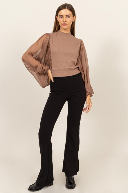 Sheer Sleeve Back Button Blouse