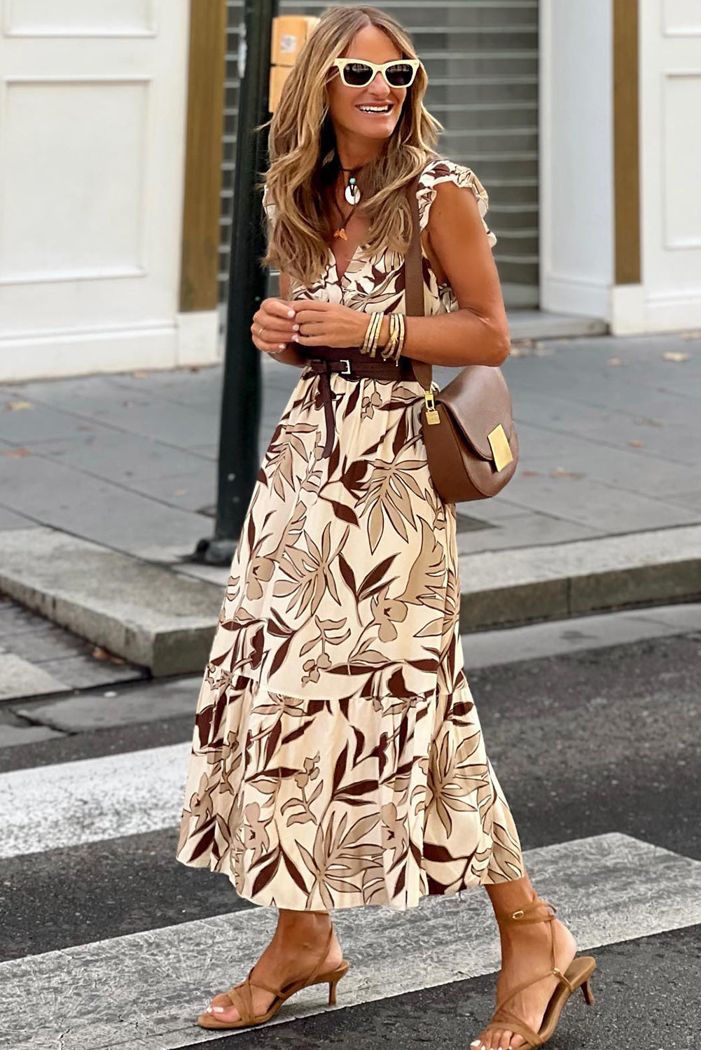 Brown Ruffled V Neck Dress