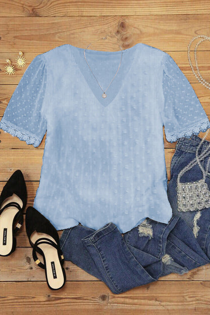 Sky Blue Swiss Dot Lace V Neck Shirt