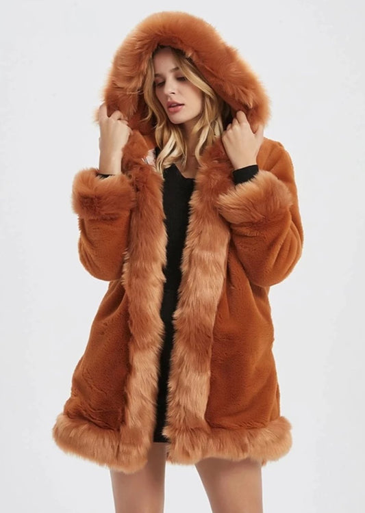 Hooded Faux Fur Collar Coat